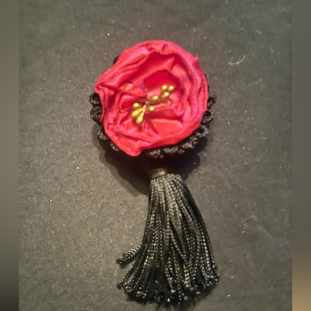 Handmade Burgundy Floral Brooch with Black Tassel